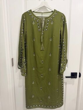 Olive Green Embroidered Tassel-Front Women's Dress
